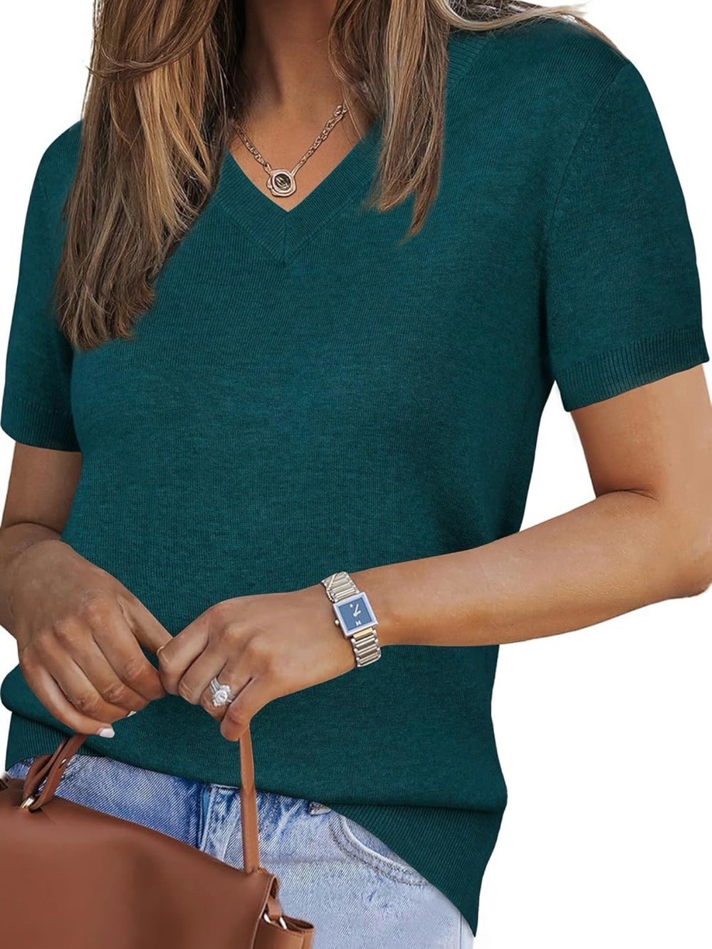 V-Neck Short Sleeve Knit Top in blue